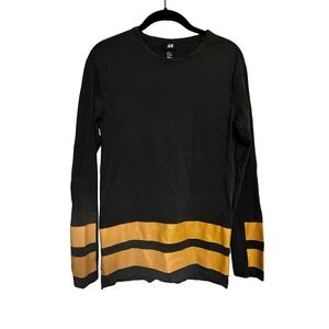 H&M dark, blue and yellow striped sleeve long sleeve tunic top minimalist casual